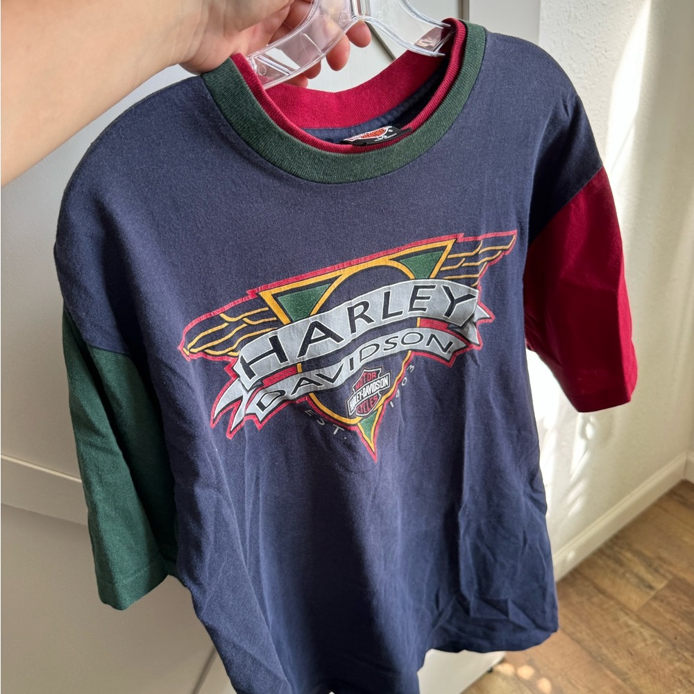 Harley-Davidson Navy Tee with Green and Maroon Accents